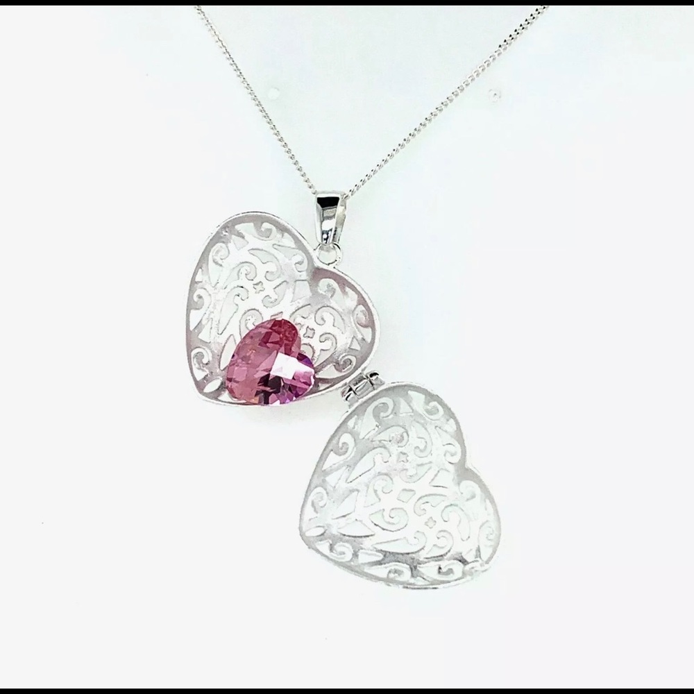 Filigree Heart Locket pink stone Pendant Silver